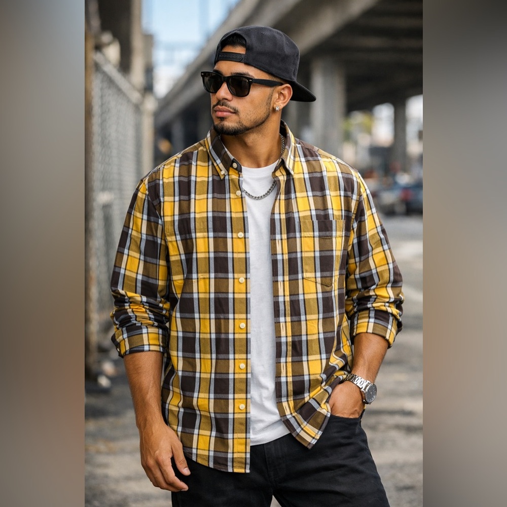 Southpole Authentic Collection Plaid Button Down Shirt Mens XXL Yellow Brown